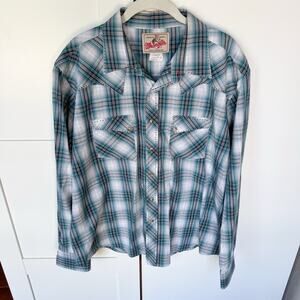 Wrangler Pearl Snap‎ Men's XL Long Sleeve Shirt Teal Plaid